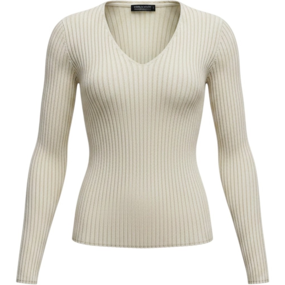 VTG Y2K Coquette New York & Co Cream Ribbed V Neck Sweater Womens XL 100% Cotton